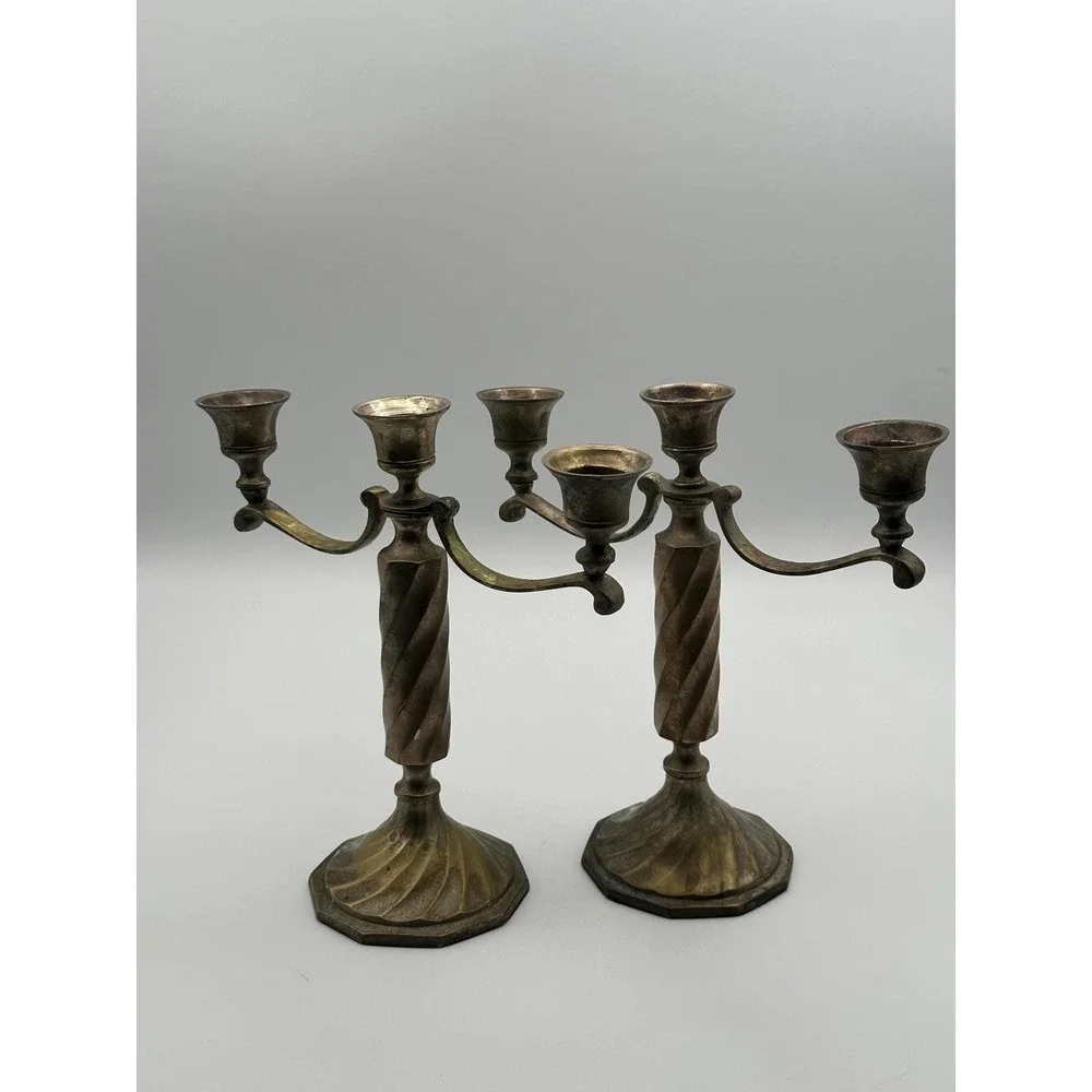 Vintage Brass 3-Arm Candelabra Pair – Ornate Twisted Column Candle Holders